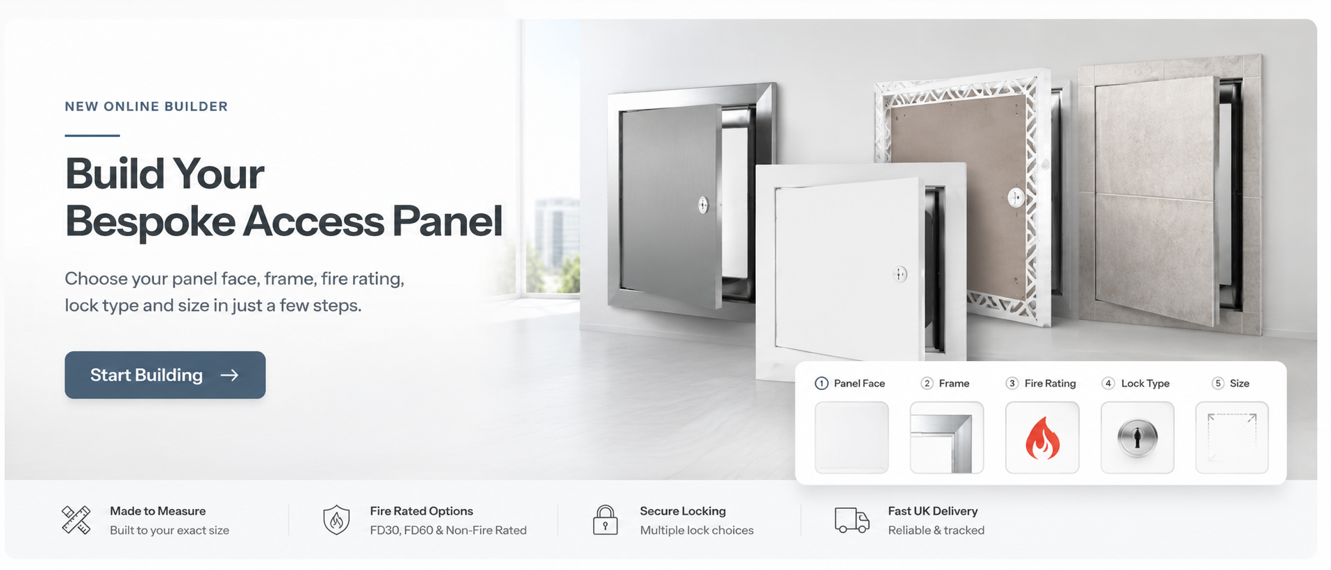 Website page for building a bespoke access panel with panel options displayed.